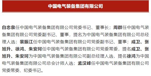 中國(guó)電氣裝備集團(tuán)有限公司高管名單出爐！國(guó)資委正式任命！